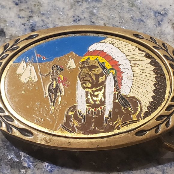 Native American Chief & Warrior Colorful Solid Brass Belt Buckle - Picture 6 of 6